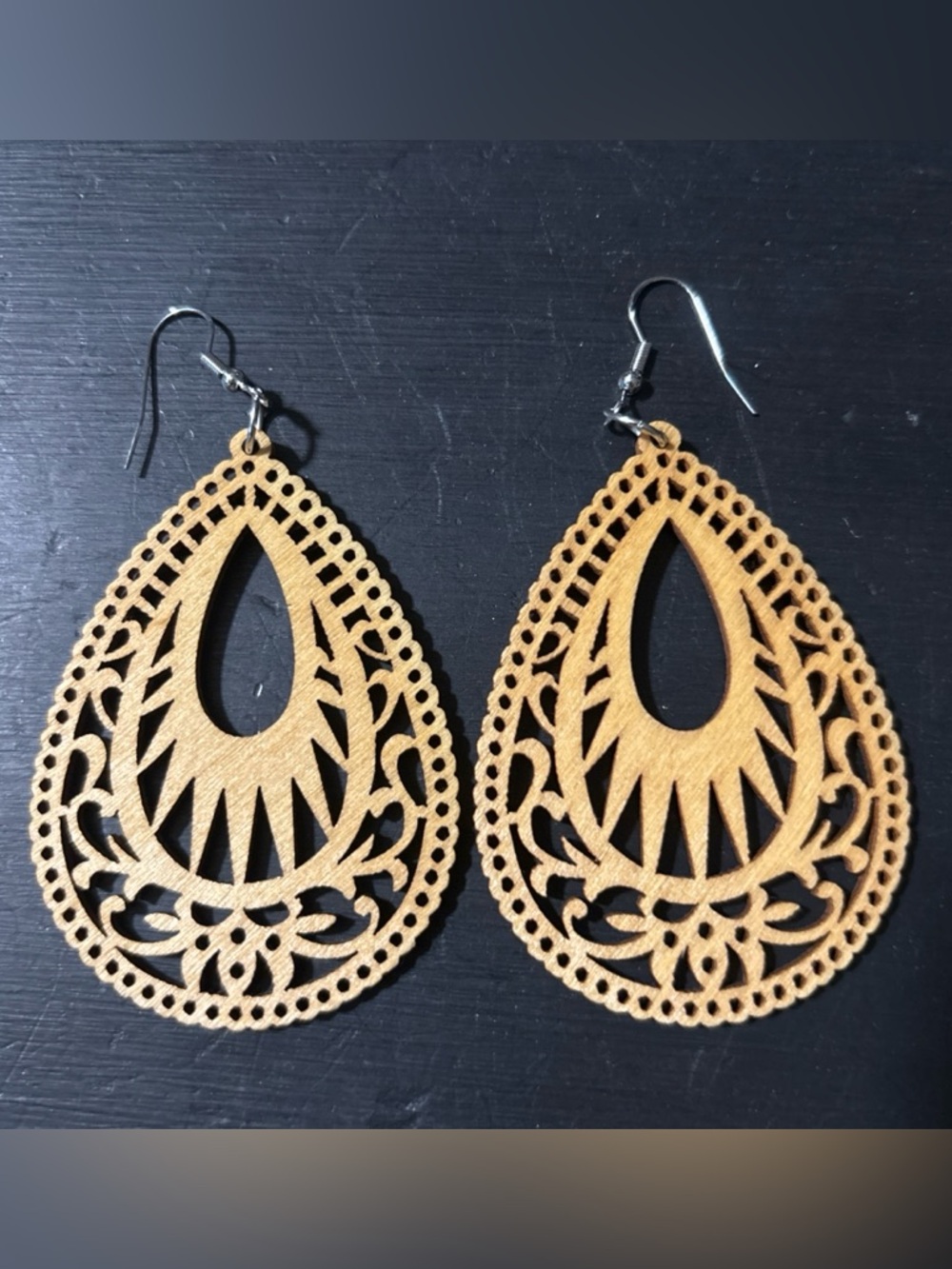 Intricate Wooden Teardrop Earrings - Tan